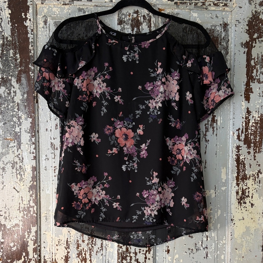 AGB Black Lace shoulder Floral Blouse with Ruffle Detail